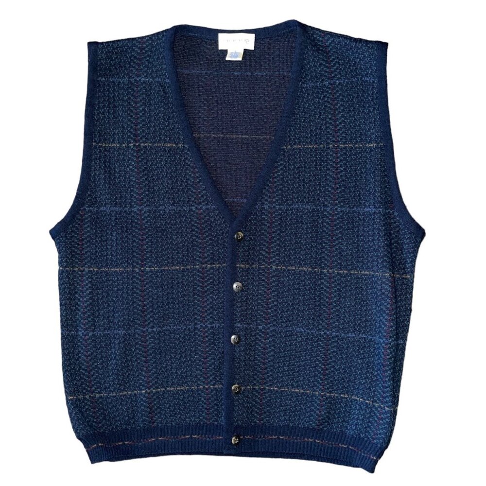 Vintage Murano Mens Wool Blend Navy Blue Plaid Sweater Vest L